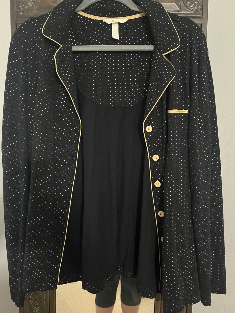 Soma Black Polka Dot Pajama Jacket with Gold Piping